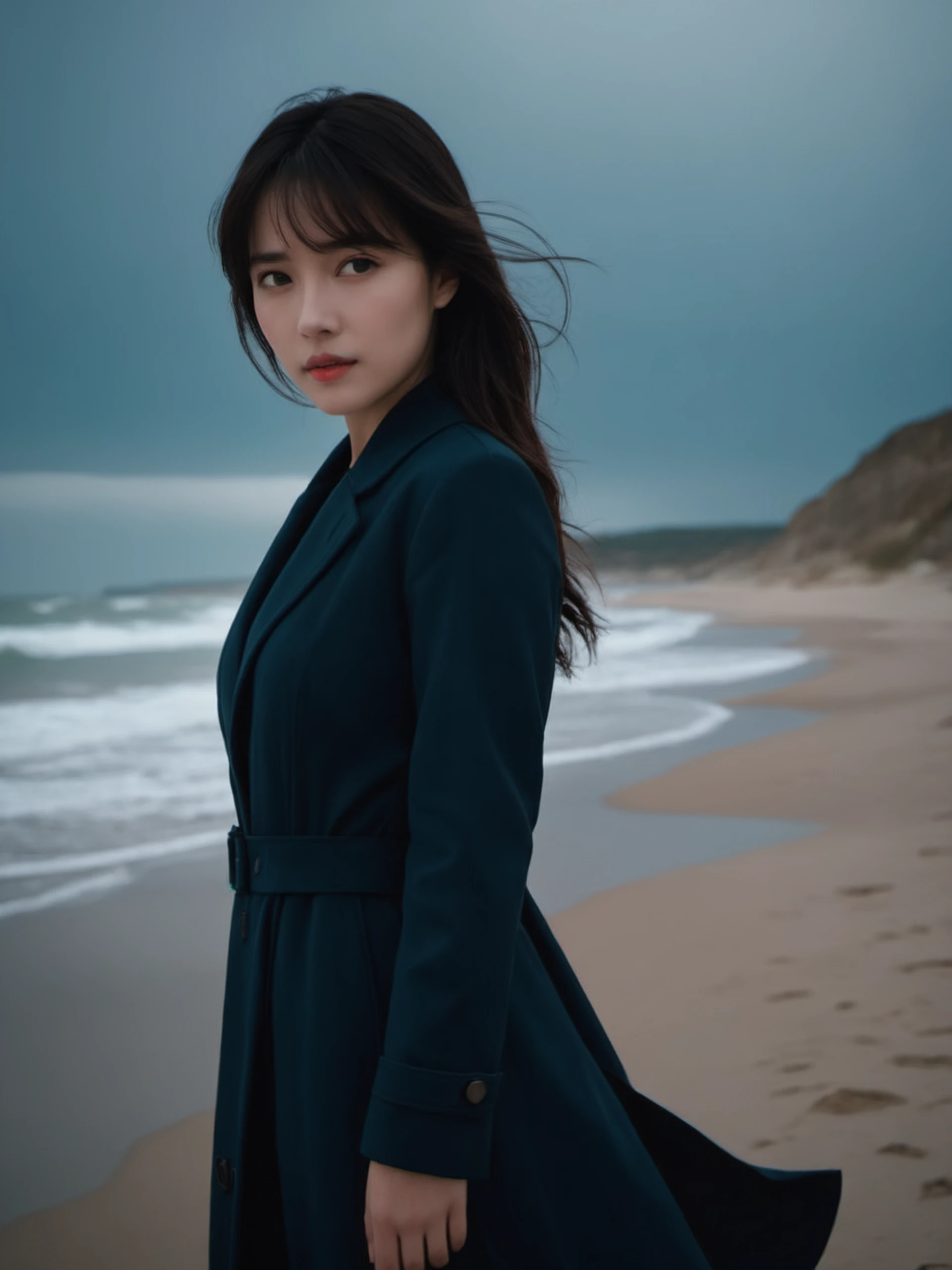 <lora:LoRA-mix-sdxl-v3:0.7>,cinematic photo {sll,1girl,solo,beach,wind,looking at viewer,short coat,long dress,dusk,upper body,} . 35mm photograph,realistic,high quality,highres,professional,4k,highly detailed,professional,realistic photograph,transparent,