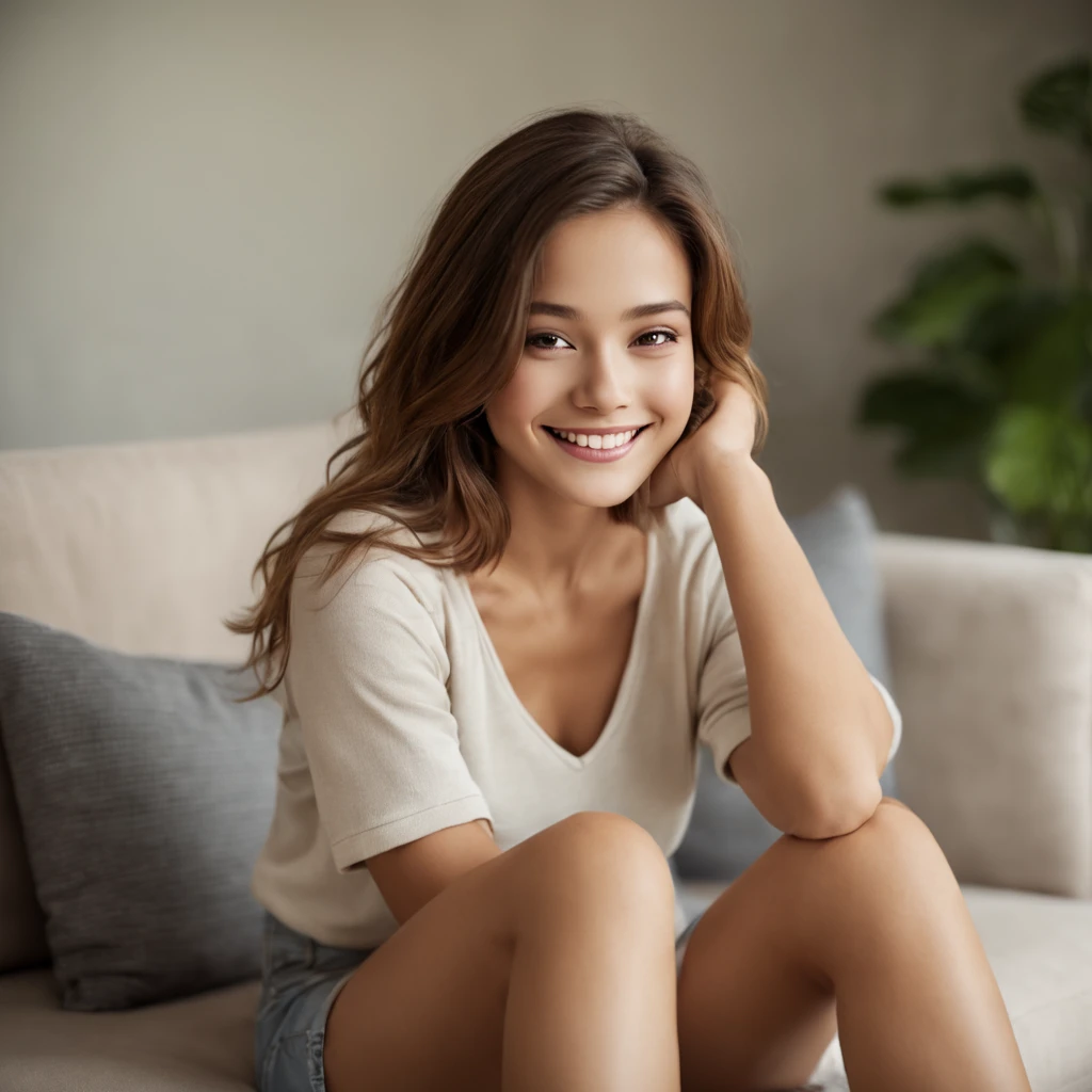 1girl,sitting on a cozy couch,crossing legs,soft light,smile, ((extreme skin detail)), hdr, ((ultrarealistic)), ((photo)), bokeh, depth of field, 8k uhd, dslr, soft lighting, high quality, Fujifilm XT3