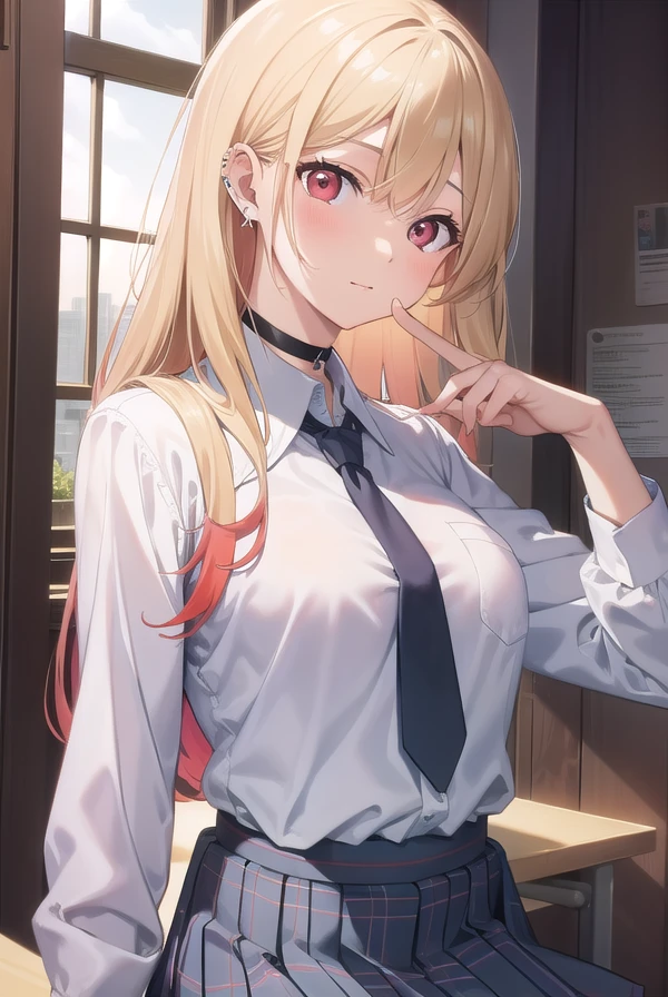 marinkitagawa, <lora:marinkitagawatest:1>, 
marin kitagawa, blonde hair, choker, ear piercing, earrings, long hair, piercing, (red eyes:1.5), straight hair, swept bangs,
BREAK black necktie, long sleeves, pleated skirt, school uniform, shirt, skirt, sleeves rolled up, white shirt, cleavage,
BREAK indoors, classroom,
BREAK looking at viewer, 
BREAK <lyco:GoodHands-beta2:1>, (masterpiece:1.2), best quality, high resolution, unity 8k wallpaper, (illustration:0.8), (beautiful detailed eyes:1.6), extremely detailed face, perfect lighting, extremely detailed CG, (perfect hands, perfect anatomy),