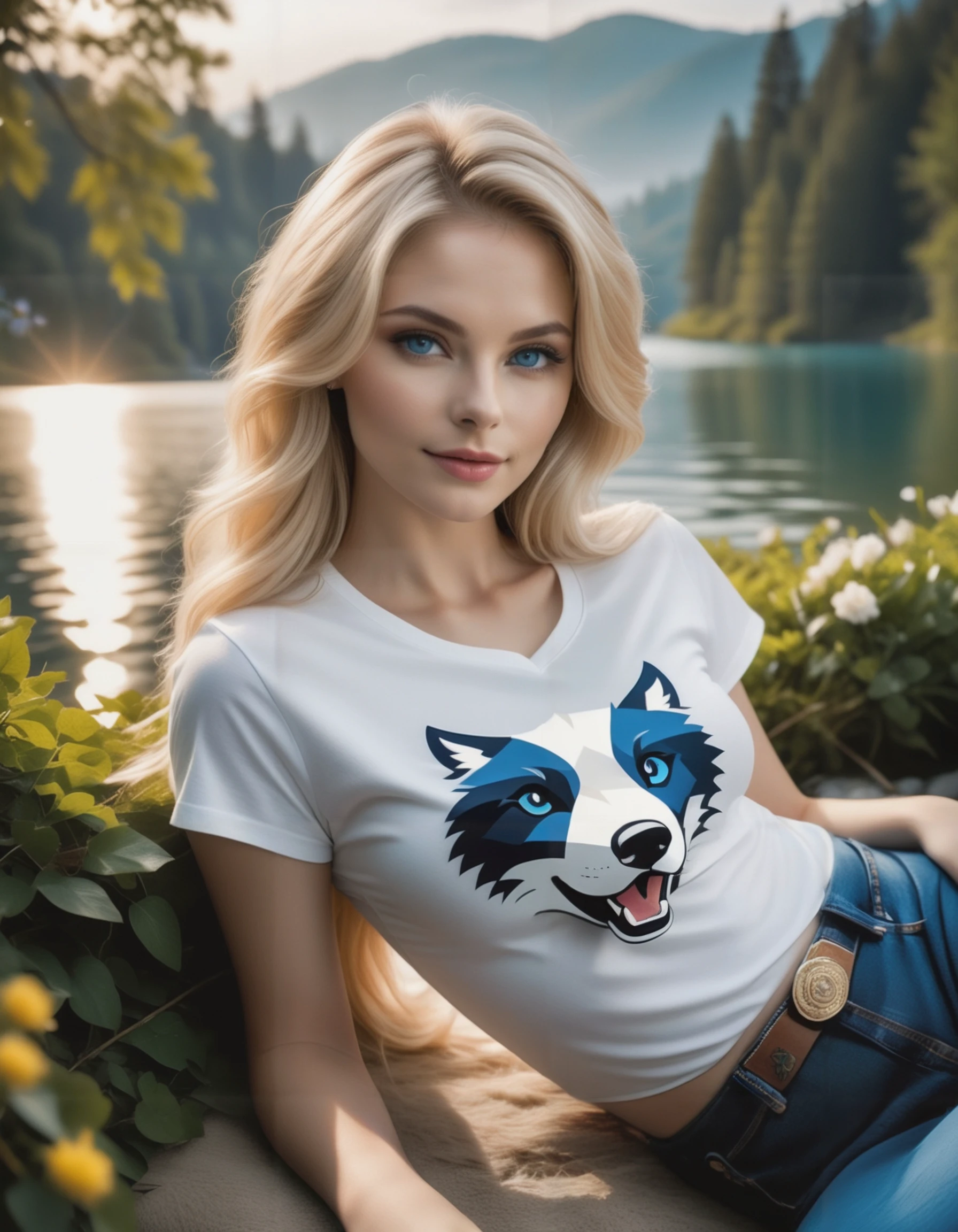 cinematic photo (Highest Quality, 4k, masterpiece, Amazing Details:1.1), laying near a lake,medium breast. deep blue eyes, (((wearing a t-shirt and jeans)), (full body:1.3) Shallow Depth of Field, E671, lens 50mm f/2.0, (( furry:1.5)) white wolf female)), thin eyebrows, wavy short hair with flower hair ornament, (realistic white fur, detailed fur texture:1.2), ((photorealistic) (RAW Photo)) . 35mm photograph, film, bokeh, professional, 4k, highly detailed