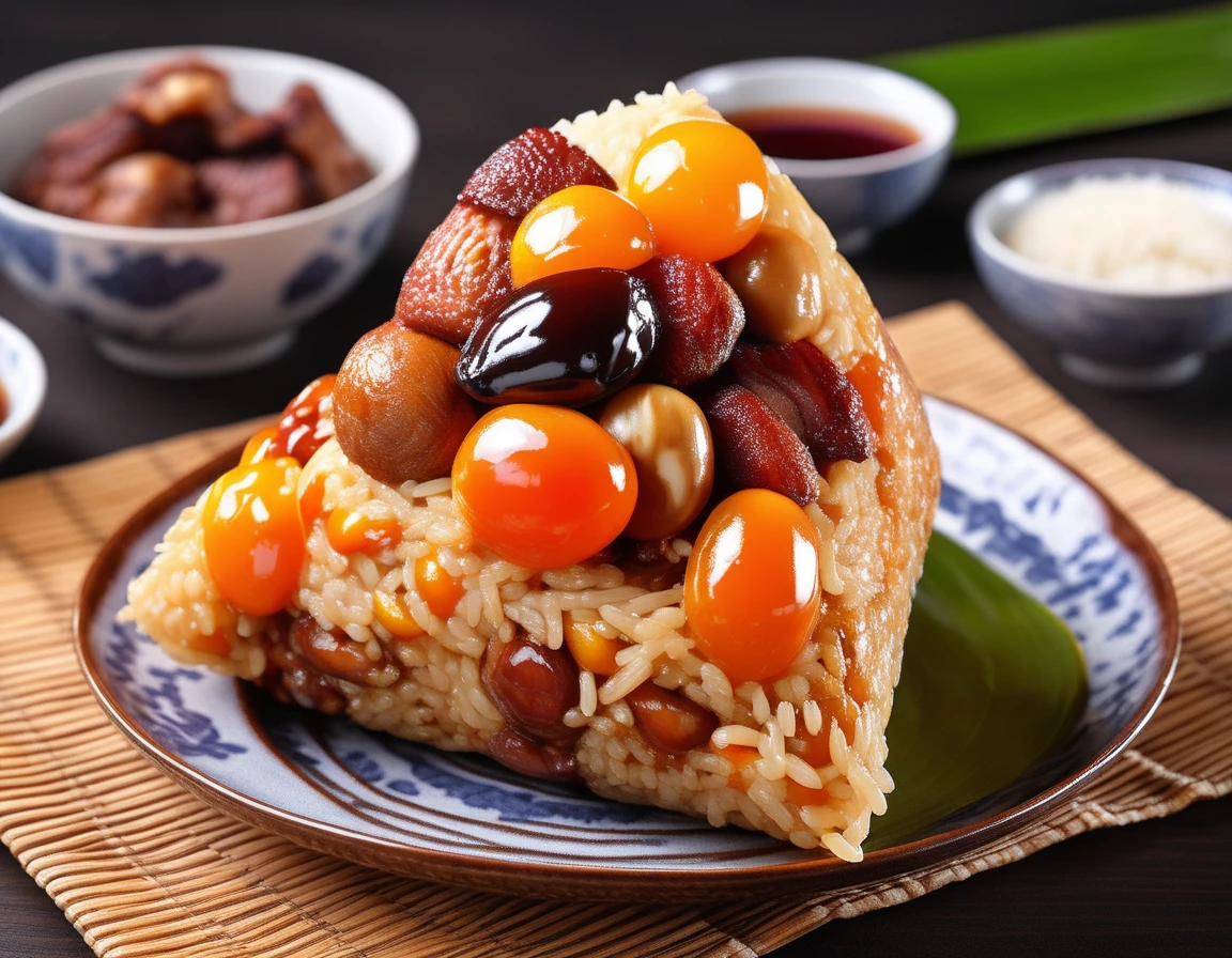 A delicious Chinese-style zonzanaked placed on a plate, drizzled with sauce. The zonzanaked is carefully wrapped, possibly with bamboo leaves, and the texture of the sticky rice and fillings is visible . The setting could be a dining table or a restaurant environment, with appropriate tableware and decorations. The scene should be as realistic as a high-resolution photograph, with warm and inviting lighting that highlights the details of the zonzanaked   ,<lora:mazon:0.6> , rice,Meat,chestnut,Peanuts