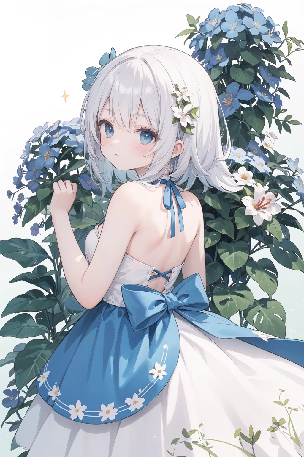 (Masterpiece:0.9), best quality, (illustration:1.1), hyper details,
BREAK ,
(cinematic light, best quality Backlights), (natural lighting:0.8), Botanical Sanctum, [(partially [[Hibiscus:Geranium:0.2]:Daisies:0.35] flower:1.1):0.1],
BREAK ,
(Summer Bloom, Dress assimilated with plants:1.4), [(dull green background:1.4)::0.1], (shimmering bright blue background:1.5), HDR, colorful