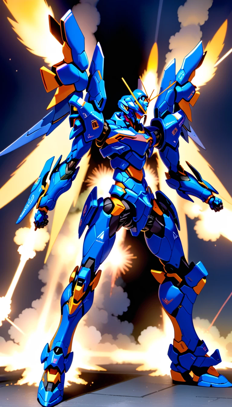 illustration, (EVAUNIT:0.8), (mecha:1.5), glowing eyes, full body, highly detailed, (heroic parts:1.5),(military parts:0.5), (dynamic pose:1.5),(highly detailed full armor:1.2), (battlefield:1.2), explosion, stray bullet, <lora:srdxl_v06bx:0.8>