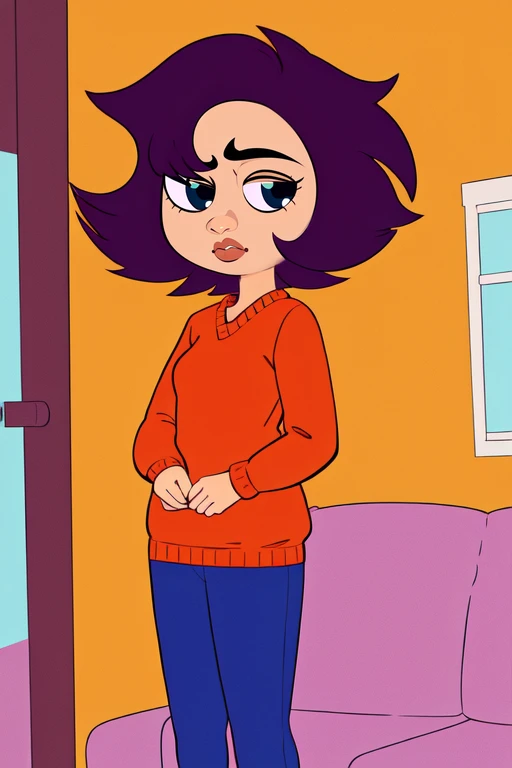 Paula Small, short purple hair,black eyes, lips, eyes half open, bored,
orange sweater, blue pants,
solo, standing,
home, flat color, living room,
(insanely detailed, masterpiece, best quality), <lora:PaulaSmall:0.8>