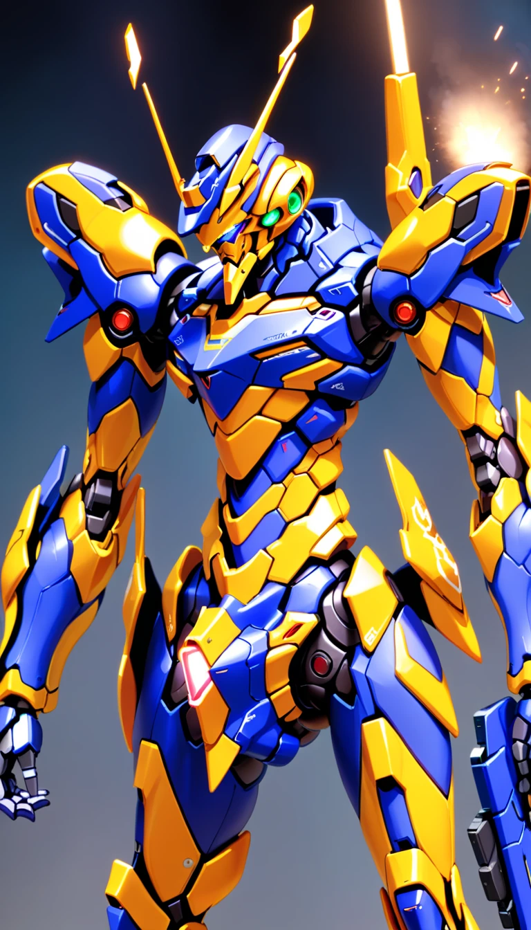 illustration,(EVAUNIT:0.8), a ((mecha)) with sleek and menacing design, glowing eyes, full body, highly detailed, (heroic parts:1.5), (military parts:1.5), (highly detailed full armor:1.2), fortress ,(battlefield:1.2), explosion, stray bullet, <lora:srdxl_v06bx:0.8>