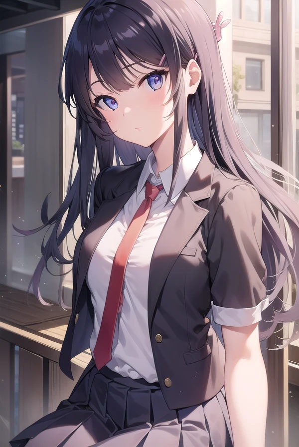 maisakurajima, <lora:maisakurajimatest:1>, sakurajima mai, long hair, bangs, black hair, hair ornament, (purple eyes:1.1), hairclip,
BREAK skirt, shirt, school uniform, white shirt, short sleeves, pantyhose, pleated skirt, collared shirt, blue skirt, black pantyhose, red necktie, jacket, brown jacket,
BREAK outdoors, city,
BREAK looking at viewer, 
BREAK <lyco:GoodHands-beta2:1>, (masterpiece:1.2), best quality, high resolution, unity 8k wallpaper, (illustration:0.8), (beautiful detailed eyes:1.6), extremely detailed face, perfect lighting, extremely detailed CG, (perfect hands, perfect anatomy),