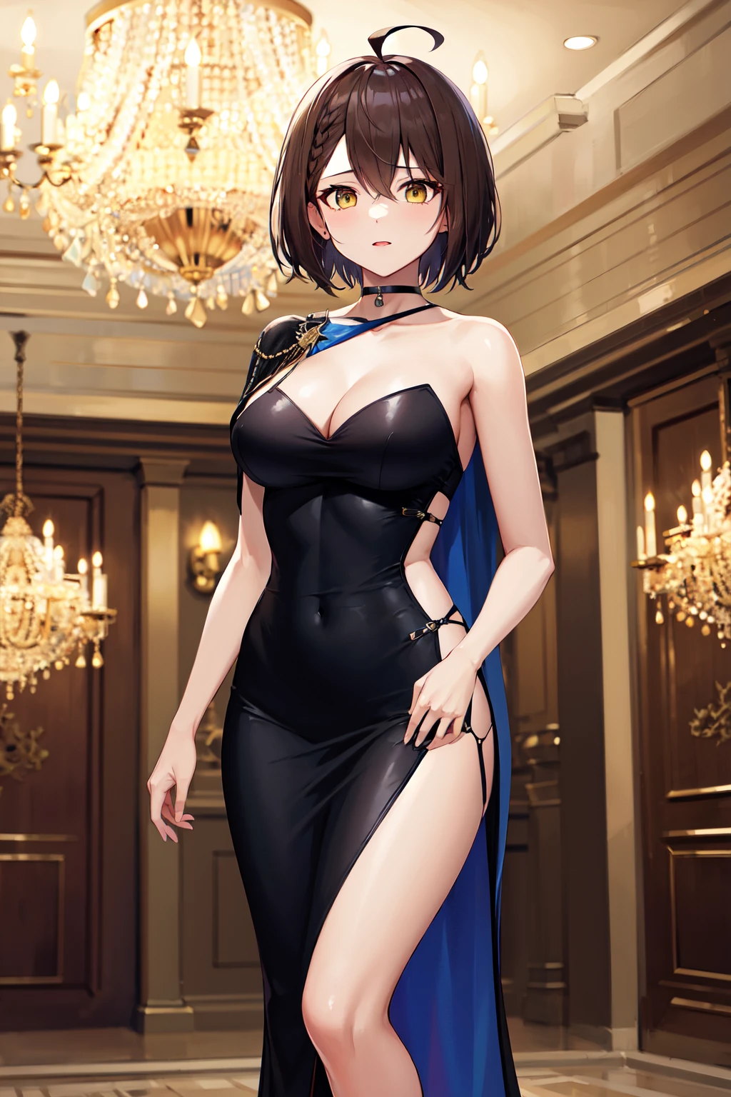 masterpiece, best quality, highres, ddbalti, short hair, ahoge, choker, blue cape, single bare shoulder, evening gown, cleavage, collarbone, black dress, side slit, <lora:baltimore_v1:0.7>, standing, indroos, mansion, chandelier, cowboy shot, standing