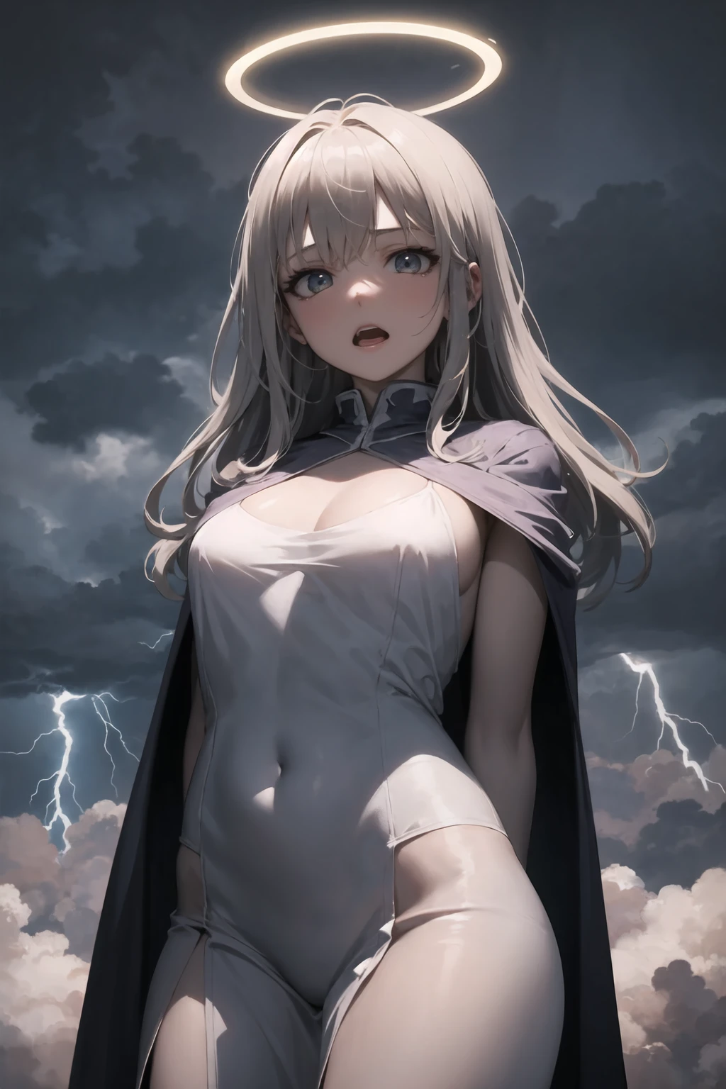 masterpiece, best quality, 1girl, halo, storm clouds, lightning, arms behind back, silky wizard robe, long hair, looking at viewer, open mouth