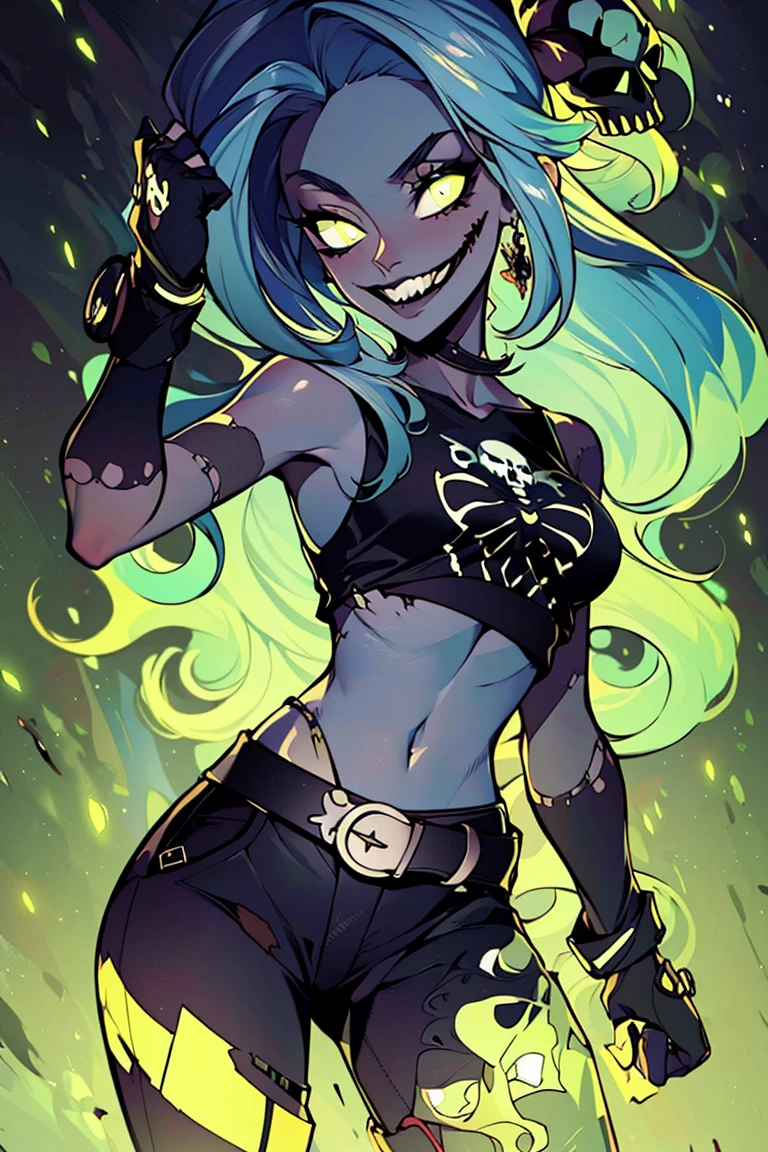 ((masterpiece,best quality)), absurdres,  <lora:GlowingNightmare:0.8>, GlowingNightmare, glowing, <lora:Nara_AFK:0.7>, Nara_AFK, solo, 1girl, grey skin, torn clothes, skull, glowing, midriff, belt, pants, looking at viewer, cowboy shot, cinematic composition, dynamic pose