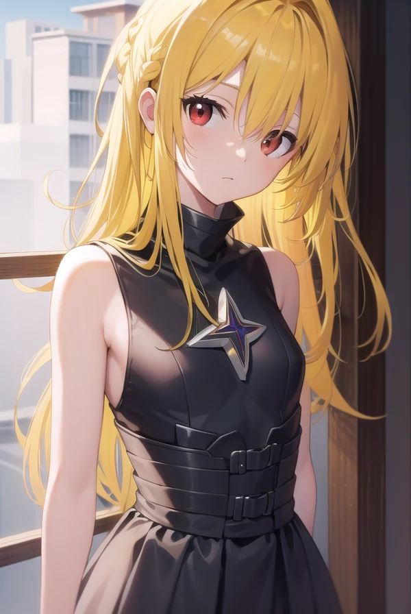 toloveruyami, <lora:yamitest:1>, yami, (yellow hair:1.5), long hair, (red eyes:1.5), hair ornament, (small chest:1.2),
BREAK sleeveless,
BREAK outdoors, city,
BREAK looking at viewer,
BREAK <lyco:GoodHands-beta2:1>, (masterpiece:1.2), best quality, high resolution, unity 8k wallpaper, (illustration:0.8), (beautiful detailed eyes:1.6), extremely detailed face, perfect lighting, extremely detailed CG, (perfect hands, perfect anatomy),