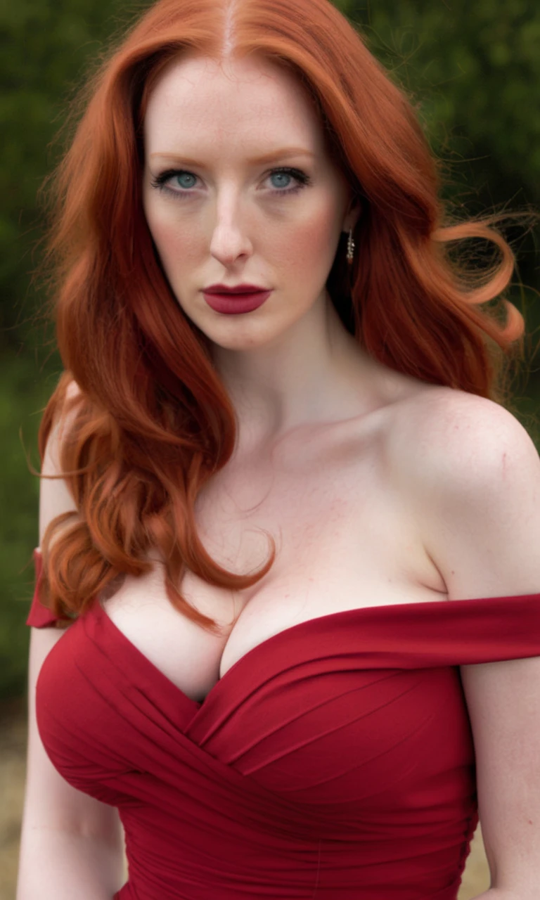 half body headshot photo of a young woman, photo by Guy Anoch, long hair, breasts, looking at viewer, red hair, dress, cleavage, bare shoulders, medium breasts, upper body, red dress, lips, nose