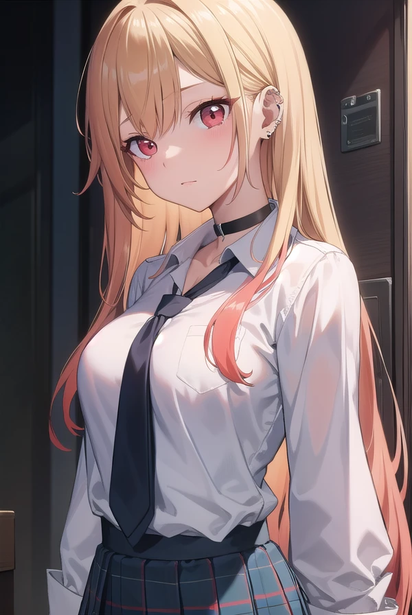 marinkitagawa, <lora:marinkitagawatest:1>, 
marin kitagawa, blonde hair, choker, ear piercing, earrings, long hair, piercing, (red eyes:1.5), straight hair, swept bangs,
BREAK black necktie, long sleeves, pleated skirt, school uniform, shirt, skirt, sleeves rolled up, white shirt, cleavage,
BREAK indoors, classroom,
BREAK looking at viewer, 
BREAK <lyco:GoodHands-beta2:1>, (masterpiece:1.2), best quality, high resolution, unity 8k wallpaper, (illustration:0.8), (beautiful detailed eyes:1.6), extremely detailed face, perfect lighting, extremely detailed CG, (perfect hands, perfect anatomy),