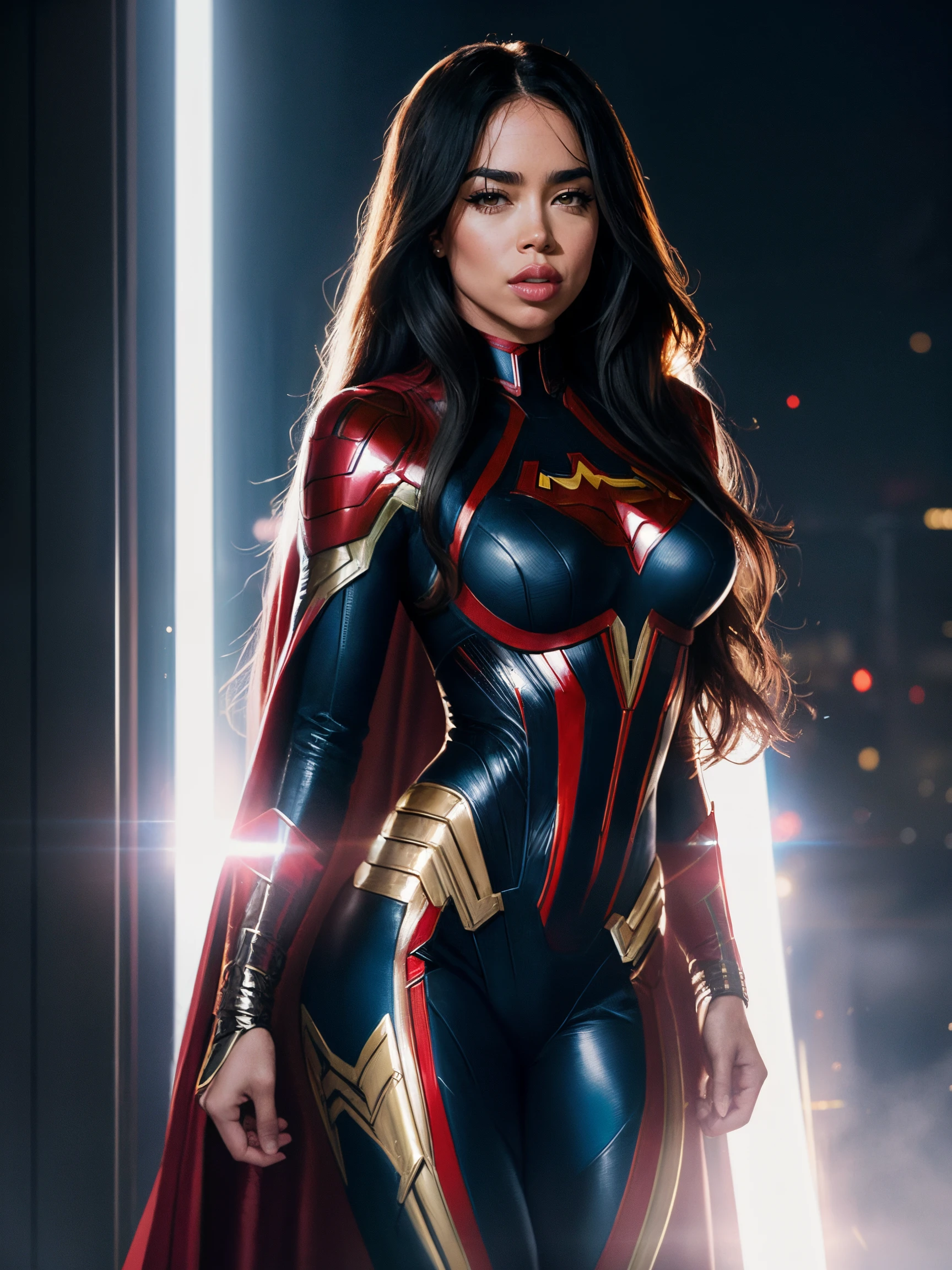 RAW photo of a gorgeous woman, vicjune as a superhero, long flowing hair, (wearing superhero suit:1.2), (marvel themed), 300mm professional photography, full detail, detailed face, 8k uhd, dslr, soft lighting, high quality, film grain, Fujifilm XT3