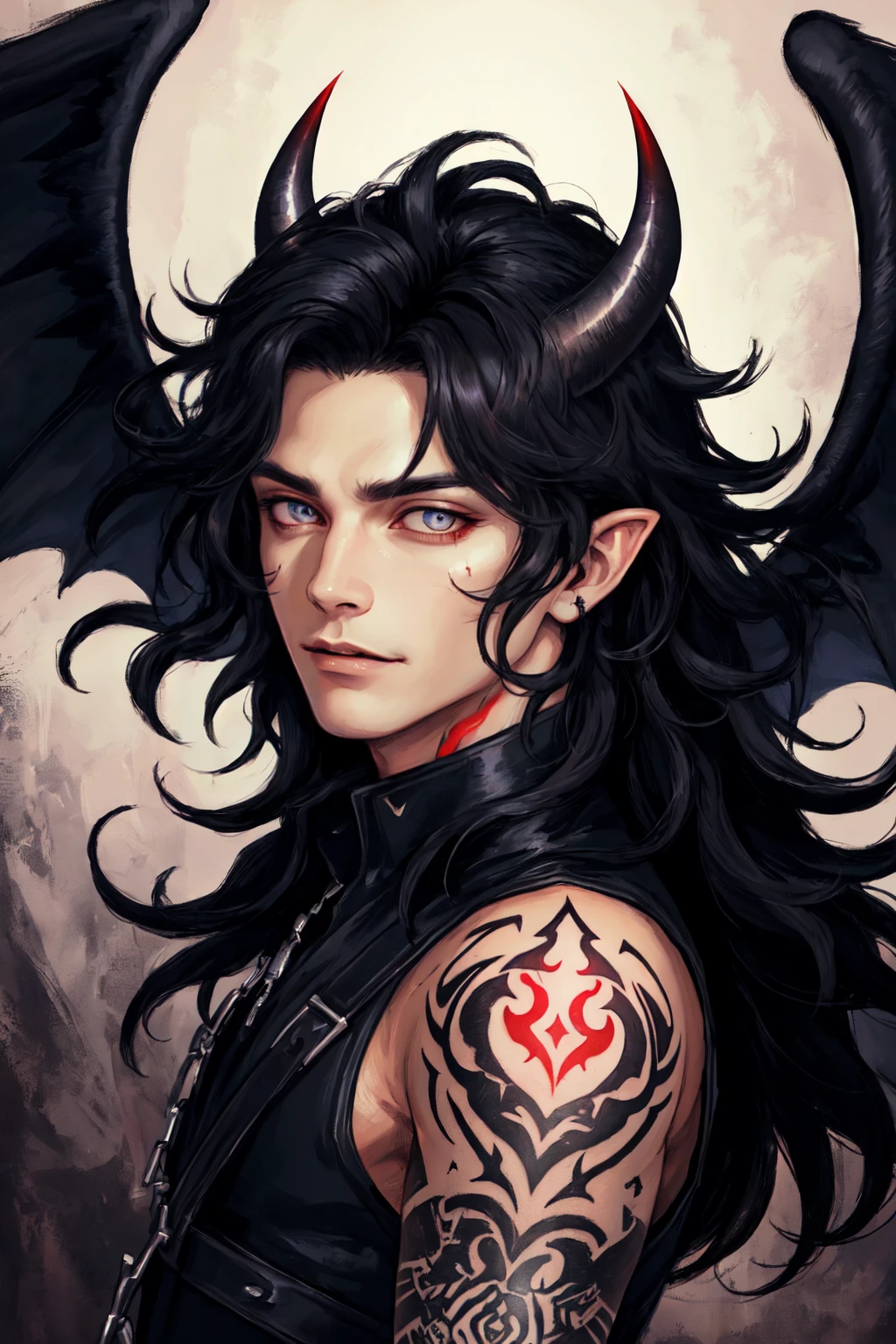 ProfessionalDetail, Angel Wings, Lucifer the devil incarnate, male focus, wild hair, black hair, tattoos, devil horns, masculine, (red-black:1.1), flying, realistic, expressive, gradient, oil paint