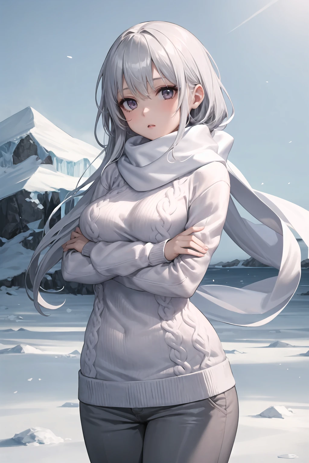 masterpiece, best quality, 1girl, very long white hair, silver eyes, pants, arctic, ice sheet, white sweater, scarf,