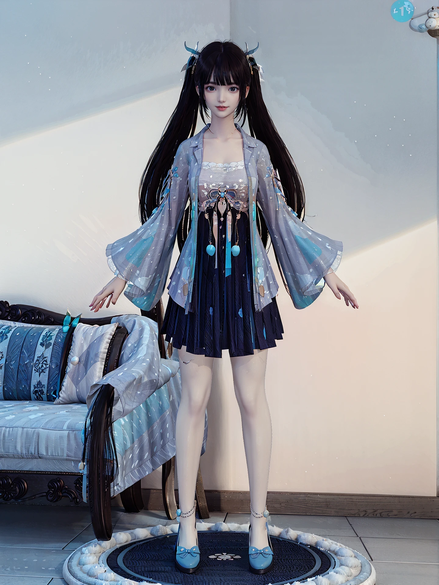 (best quality),((masterpiece)),<lora:[衣服]-[小甜心-天刀少女]TDSVxtx:0.7>,TDSVxtx,solo,twintails,navy pleated skirt,white_pantyhose,full_body,stand in the living room,simple background,(looking at viewer:1.2),