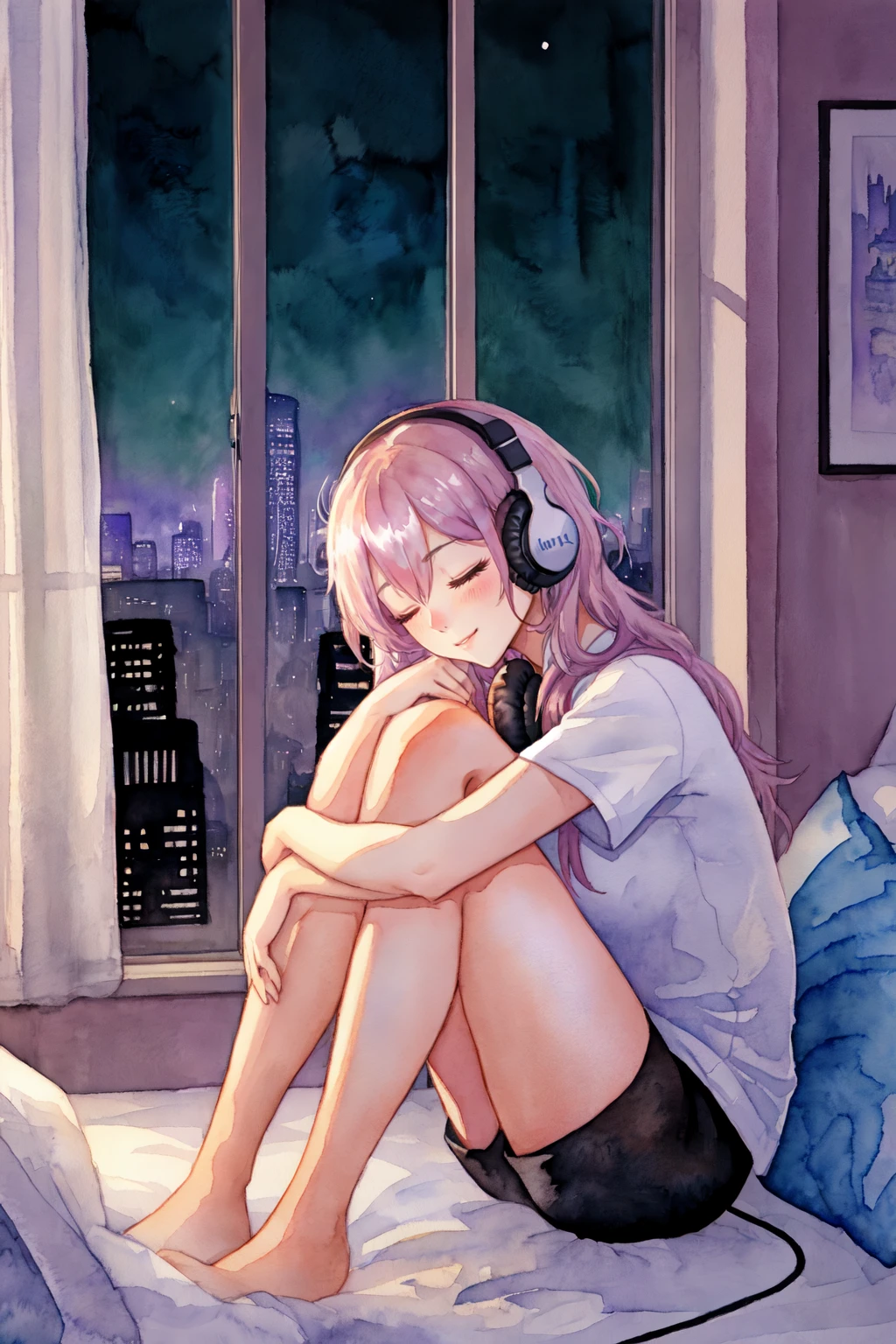 girl wearing headphones sitting on her bed, with her hands around her knees, eyes closed, feeling the music, an apartment window with the night time city skyline, pastel colors, watercolor