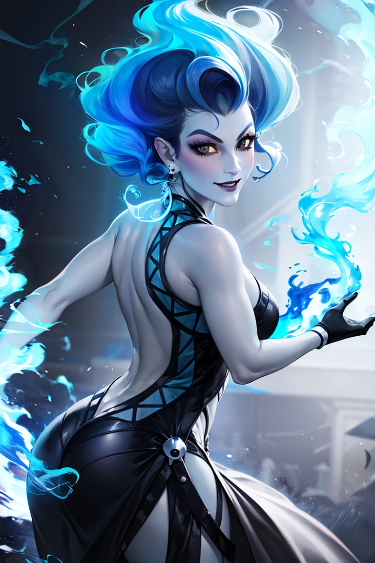 ((masterpiece,best quality)), absurdres, Rule63_Hades_Disney, solo, grey skin, smiling, smug, fiery hair, blue fire, looking at viewer, cowboy shot, cinematic composition, dynamic pose