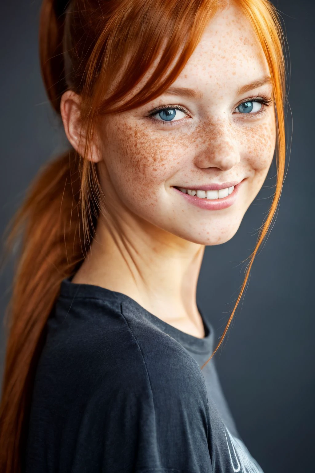 1girl, solo, female, beautiful, ginger, redhead, looking at viewer, smile, simple background, shirt, black hair, brown eyes, closed mouth, upper body, ponytail, grey background, lips, black shirt, portrait, freckles, realistic
masterpiece, best quality, high resolution, 8k, sharp focus, ultra detailed
(high quality beautiful detailed eyes)