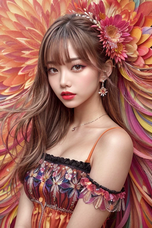 best quality, masterpiece, 1girl, solo, upper body, looking at viewer, abstract background, official art, fractal art, full of colorful flower petals, long hair, makeup, parted lips, orange lips, eyeliner,
(pureerosface_v1:0.4)
<lora:koreandolllikenessV20_v20:0.3>
<lora:JapaneseDollLikeness_v15:0.3><lora:add_detail:0.9>