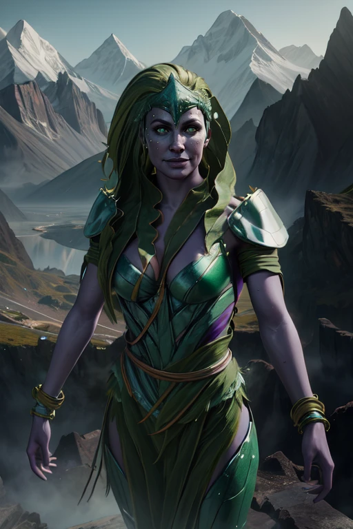 Cetrion,solo,long green hair,green eyes,purple skin,
armor,boots,cleavage,bracelet,
smile,
standing, upper body, floating earth, mountains, close up,
(insanely detailed, beautiful detailed face, masterpiece, best quality) cinematic lighting, <lora:cetrion:0.8>