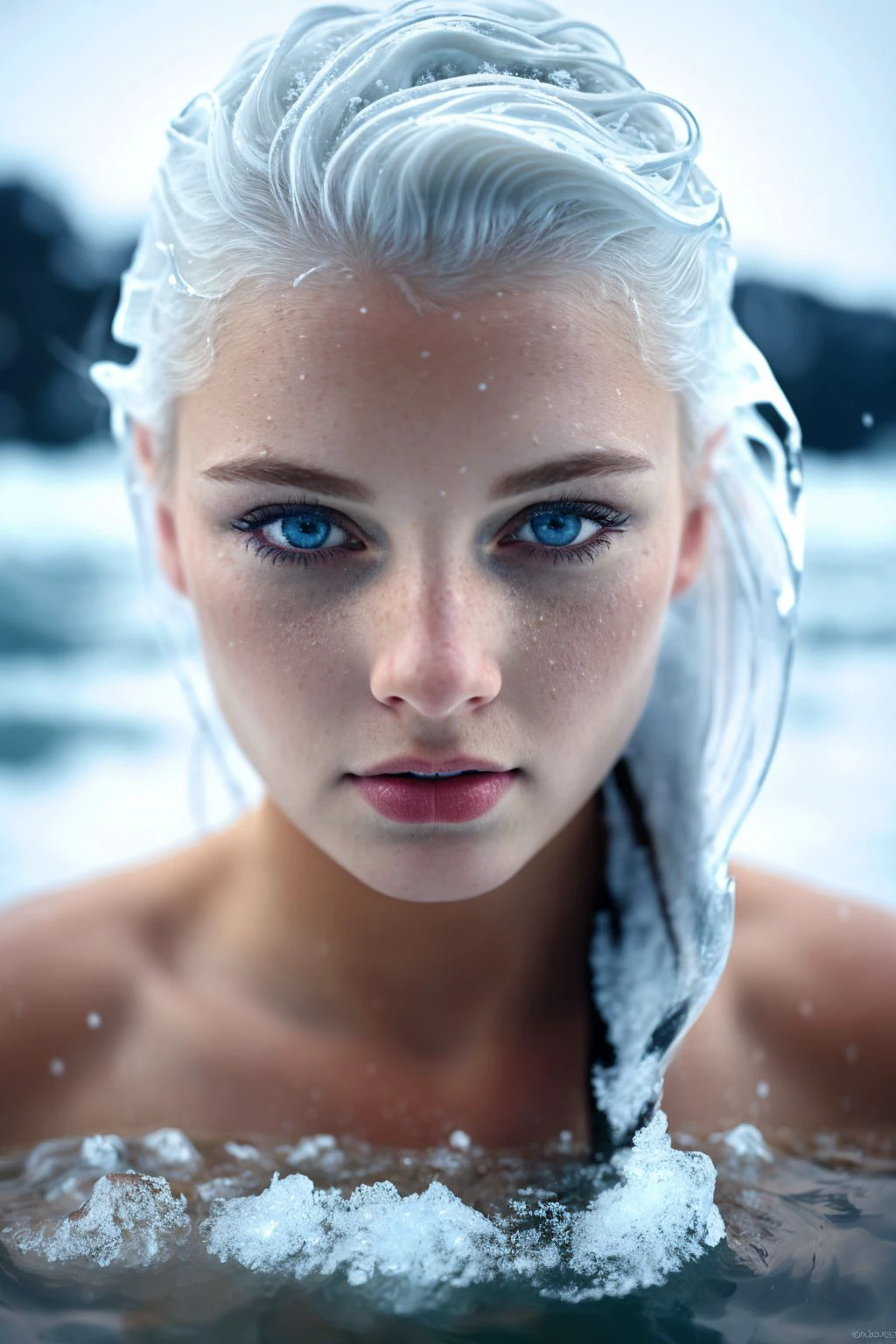 1girl, solo, white hair, iced-blue eyes, heavy snow, completely nude, rushing out, swimming, submerged, slim, wet hair, detailed face, frozen body, fog, ice floes, icebergs, sprinkled with snow, ice floes, wet body, waves, image tint, realistic ice and snow
beautiful, detailed, best quality, high resolution, masterpiece, 8k, sharpness, elaborate, cinematic lighting