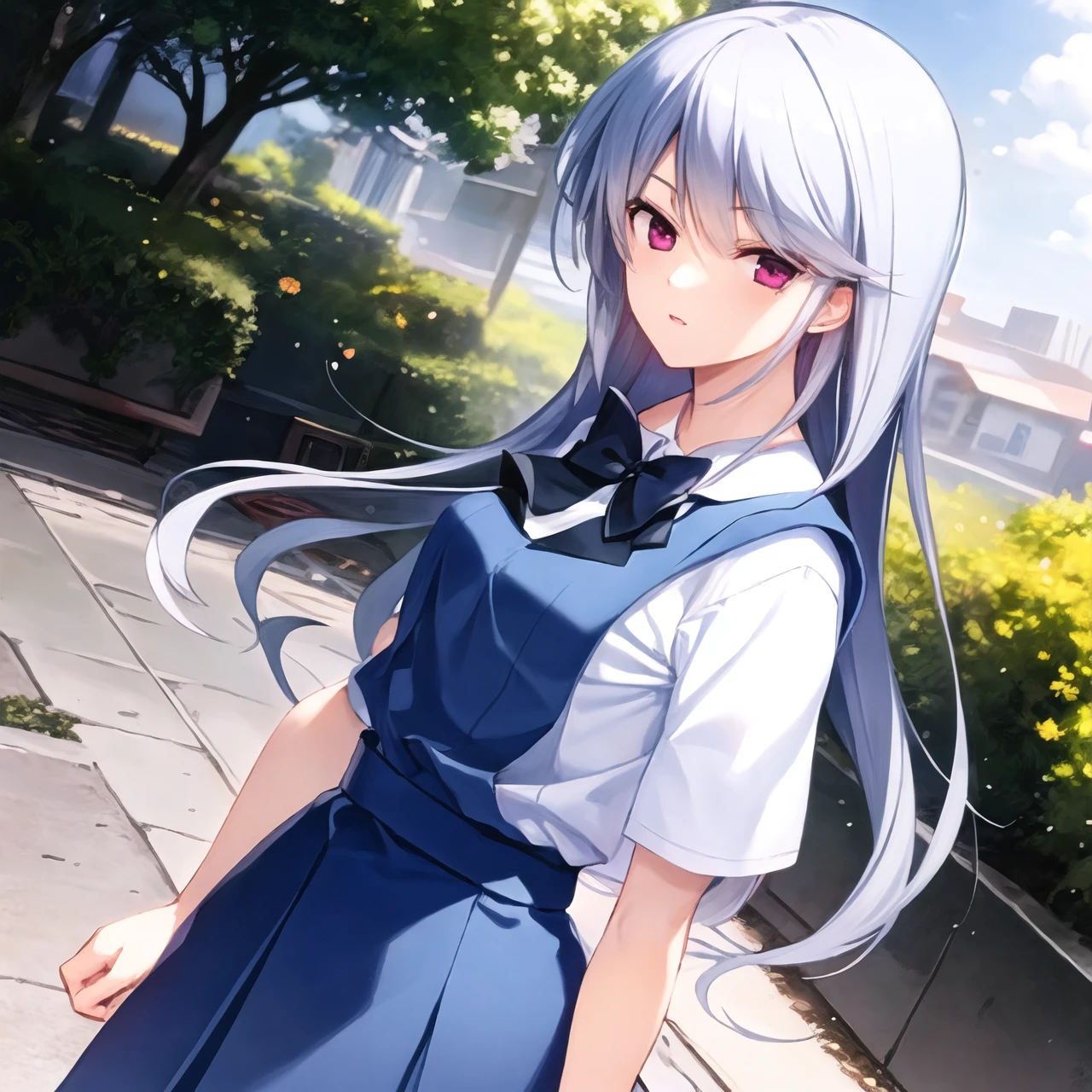 masterpiece, best quality, kazami kazuki, silver hair, 1 girl, solo, long hair, purple eyes, outdoors, school uniform, standing