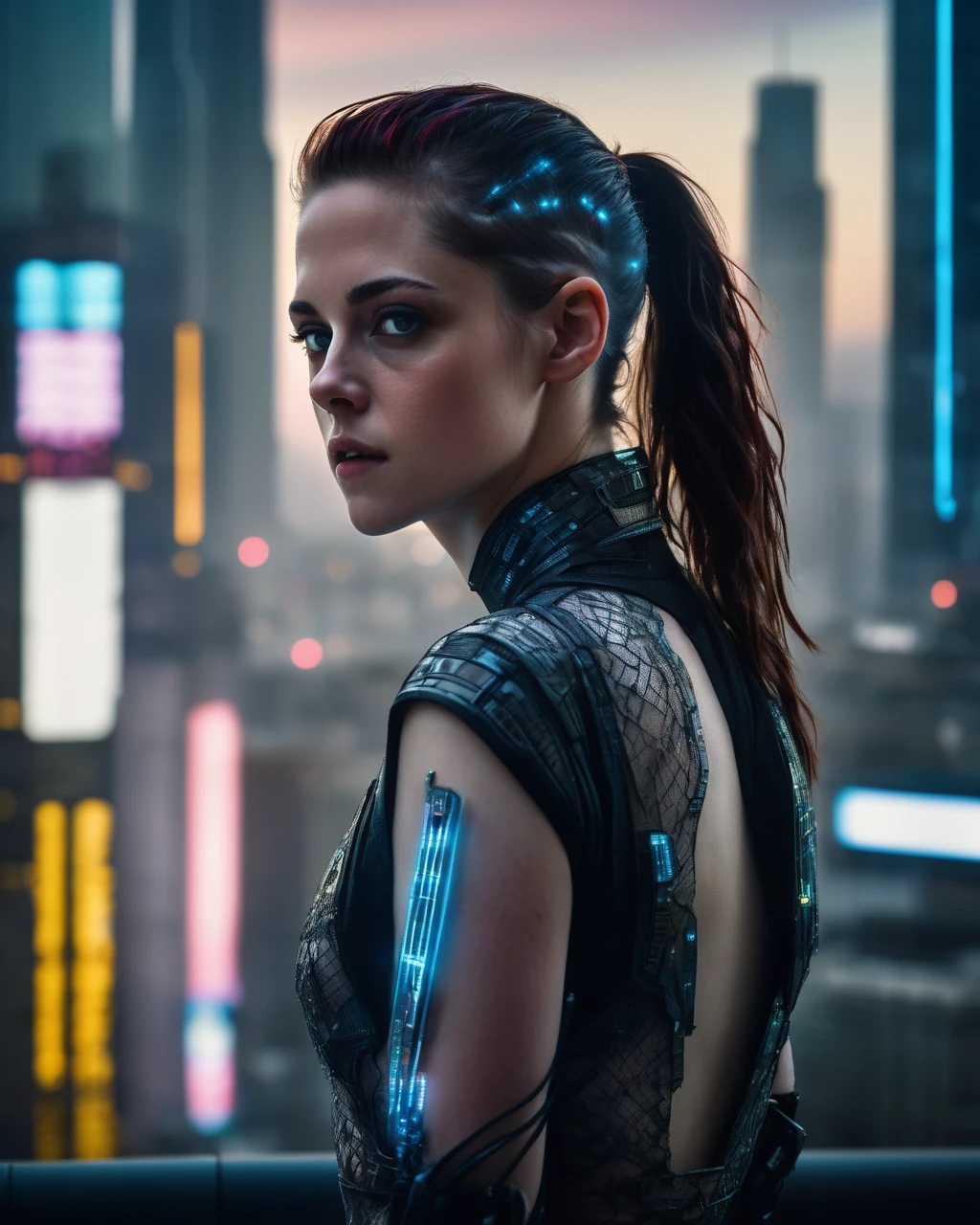 kristen_stewart, <lora:KristenStewartXL:1.0>,(8k raw photo) ultrarealistic, mature woman with electric cybernetics embedded in skin, cybernetic implants, piercing gaze, looking at viewer, bustling neon skyscrapers of a 2077 cityscape, intricate white geometric lace, award winning image, dark atmospehre, cyberpunk, Blade Runner style.