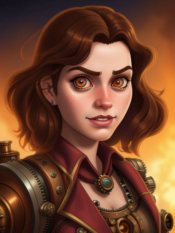 Headshot, Extremely Detailed Digital CG Art, LucasArts Game CG Style, 
Overly Attached Girlfriend is a steampunk matador,