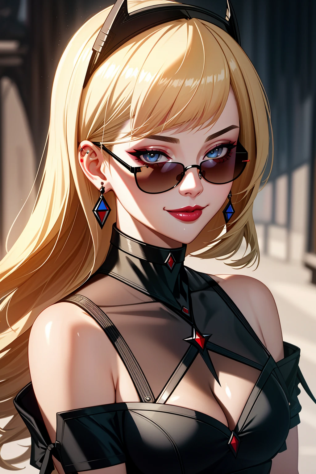 ((Masterpiece, best quality)),edgQuality,lipstick,portrait,looking at viewer,smirk,smug,
edgArknights,woman ,wearing edgArknights,edgArknights_dress <lora:edgArknightsFashion:1>
blonde Nadia with sunglasses and a choker, <lora:Ultimate_Nadia:0.35>