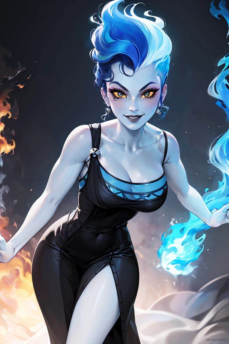 ((masterpiece,best quality)), absurdres, <lora:Rule63_Hades_Disney:0.7>, Rule63_Hades_Disney, solo, grey skin, smiling, smug, fiery hair, blue fire, looking at viewer, cowboy shot, cinematic composition, dynamic pose