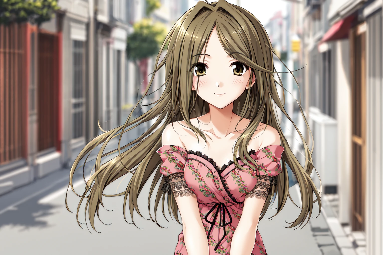 kodama hibiki, kodama hibiki\(pink dress\), 1girl, solo, masterpiece, best quality, blush, smile, bare shoulders, looking at viewer, v arms,