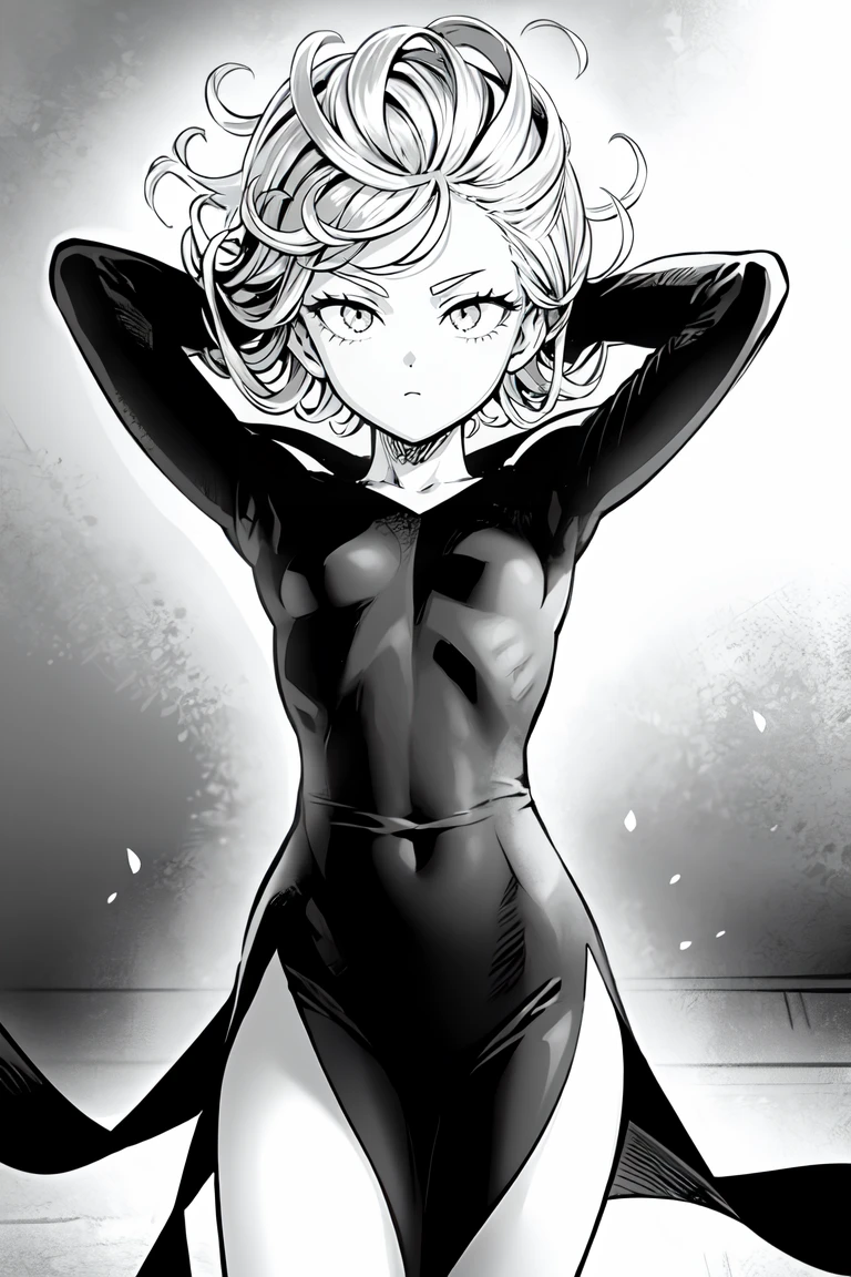 <lora:Tatsumaki:0.7> iom, 1girl, solo, looking at viewer, short hair, long sleeves, dress, monochrome, greyscale, cowboy shot, small breasts, arms up, covered navel, floating hair, side slit, floating, curly hair, telekinesis