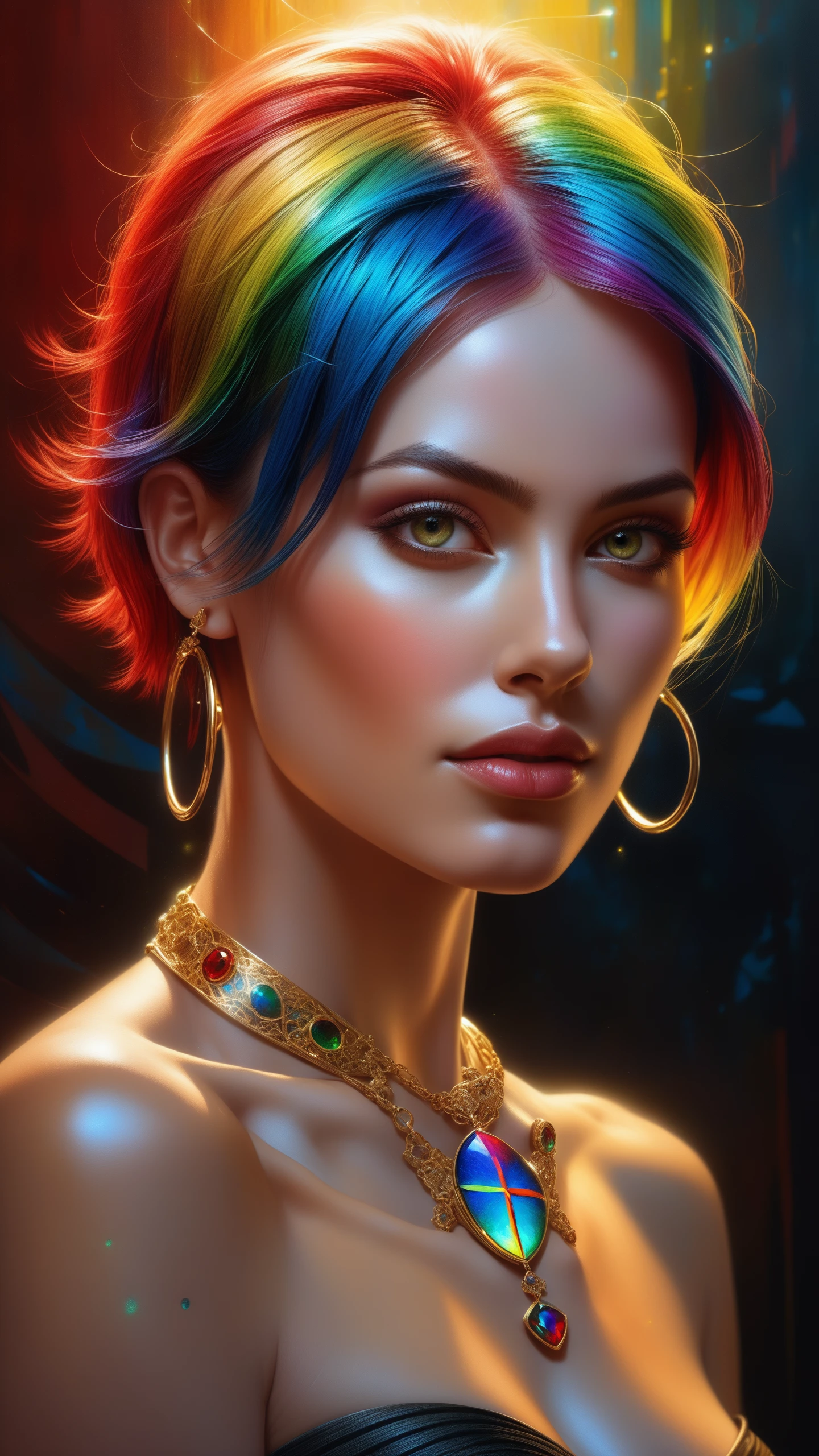 cyborg girl, 8k portrait of beautiful cyborg with rainbow hair, realistic, intricate, elegant, highly detailed, majestic, digital photography, art by artgerm and ruan jia and greg rutkowski surreal painting gold butterfly filigree, broken glass, (masterpiece, sidelighting, finely detailed beautiful eyes: 1.2), ultra realistic, hdr, red bloody veins growing and intertwining out of the darkness, oozing thick red blood, veins growing and pumping blood, vascular networks growing, connecting, explanding, red veins everywhere, zdzislaw beksinski, (by ruaidri, Michael & Inessa Garmash, Ruan Jia, Pino Daeni), impasto impressionism, detailed face, (short hair), detailed face, detailed eyes, smile, jewelry, necklace, ((topless)), yellow eyes, ((full body)), looking at viewer, (rainbow skin:1.3), (Repetition:1.1), (Cross-hatching:1.1), (Infrared:1.2), Toxic substance, ultra detailed, intricate, oil on canvas, ((dry brush, ultra sharp)), (surrealism:1.1), (disturbing:1.1), beksinski style painting, sparks, backlighting, Bracelet, RTX, Post Processing, satanic cross