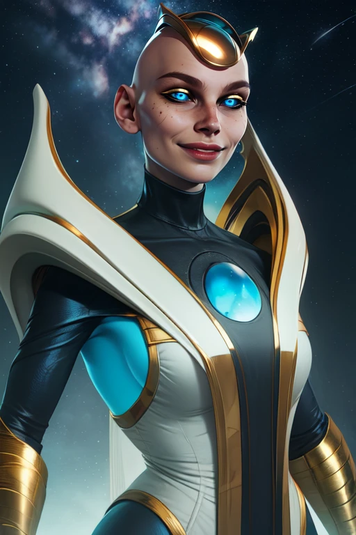 Kronika,solo,blue eyes,black sclera, bald, gold cap,
robes,
standing, upper body, smug, smile,
abyss, giant hourglass, milky way,
(insanely detailed, beautiful detailed face, masterpiece, best quality) cinematic lighting, <lora:Kronika:0.8>
