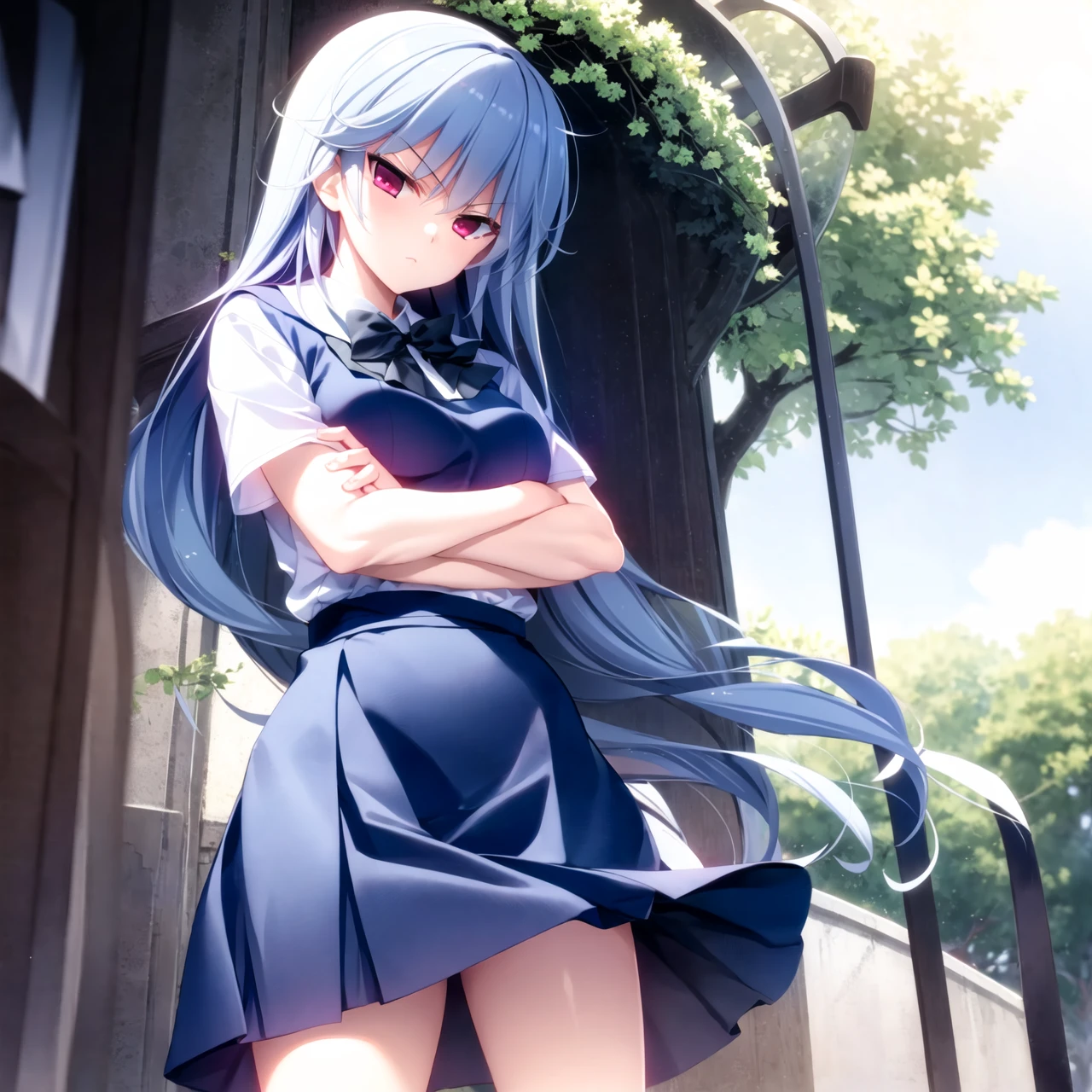 kazami kazuki, silver hair, 1 girl, solo, standing, long hair, purple eyes, school uniform, ((arms crossed))