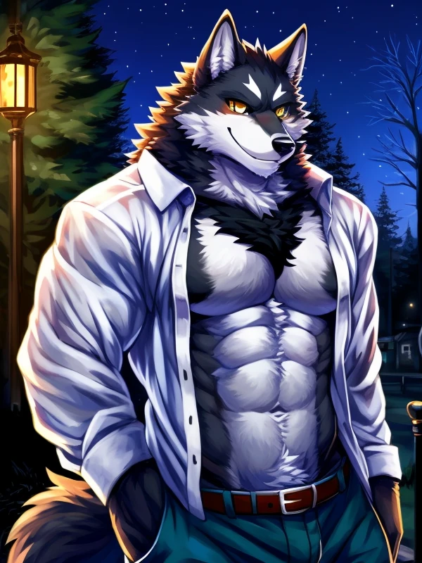 4k, high resolution, best quality, masterpiece, perfect colors, perfect shadows, beautiful and detailed portrait of a (((muscular))), perfect lighting, posted on e621, (by Chunie, by Einshelm), furry, anthro, furry art, ((portrait)), Male Wolf, furry body,fluffy, fluffy tail, body fur, muzzle, slim chest, grey fur,fluffy neck, fluffy chest, Lots of fluff, Beautiful brown eyes, average body, perfect average body, no muscles, detailed fur, detailed face, ((Bonifasko lighting)), (detailed eyes), perfect pupils, Tall, short brown hair, messy short hair, ((Wearing a long sleeve shirt)), wearing pants, wearing clothes, happy grin, teeth showing, smiling, dark forest background, moon in the background.