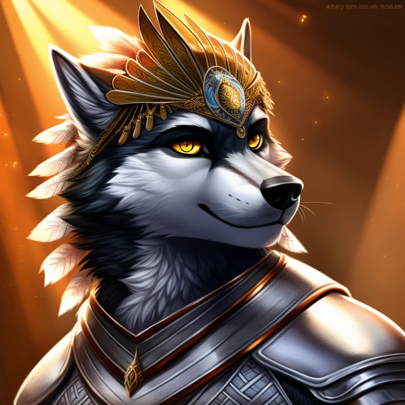 portrait, rim lighting, male wolf, detailed face, hair ornament, headdress, yellow eyes BREAK wearing detailed intricate silver armor <lora:epiNoiseoffset_v2:1.3>