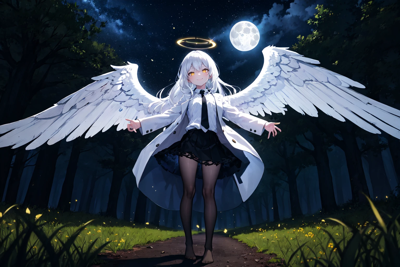 (masterpiece, best quality:1.3), (Intricate detailed:1.2), 1girl, (1.3), solo, (white hair, messy hair, long hair), (angel wings, angel halo), flat chest, smile, glowing yellow eyes, (white shirt, black necktie, black open coat, black skirt, no shoes, no legwear), cinematic lighting, glowing white particles, spread arms, dynamic angle, (grassland, night sky, trees, forest, full moon), wide shot, full body