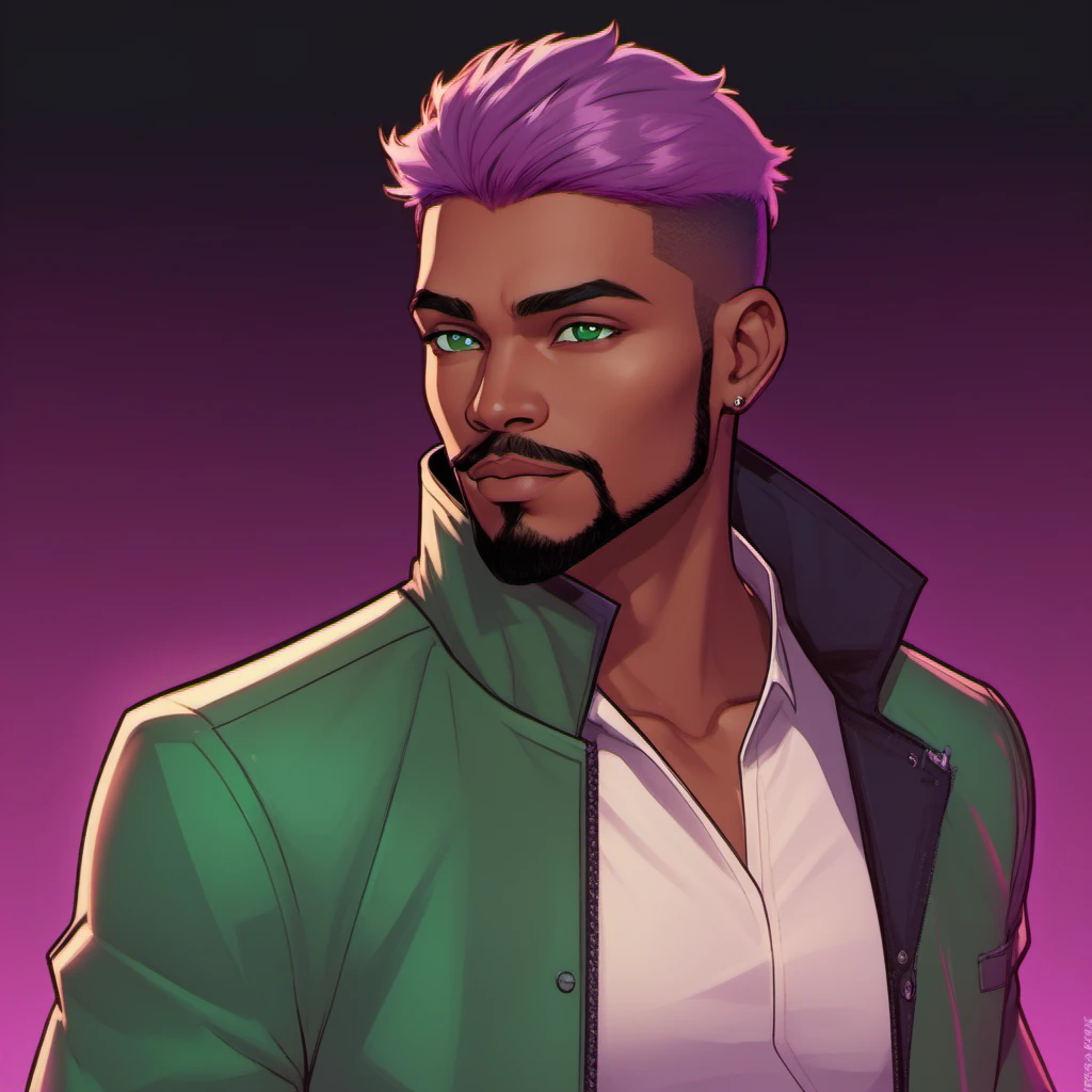 solo, 1boy, male focus, green eyes, light purple hair, stubble, goatee, maroon background, dark skinned male, tan skin, looking at viewer, lips, shirt, jacket, hyur, specular highlights, gradient