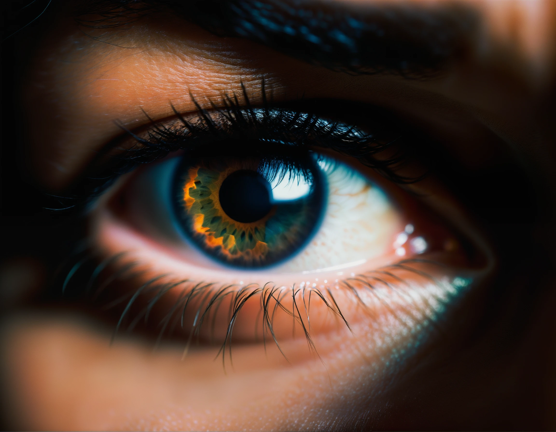 macro shot of extraordinary eye of woman crying, masterpiece, best quality, (intricate details), glow, glowing eyes, volumetric lighting, unique pose, dynamic pose, dutch angle, 35mm, anamorphic, lightroom, cinematography, film grain, HDR10, 8k hdr, Steve McCurry, ((cinematic)), RAW, color graded portra 400 film, remarkable color, veins, tearing up,