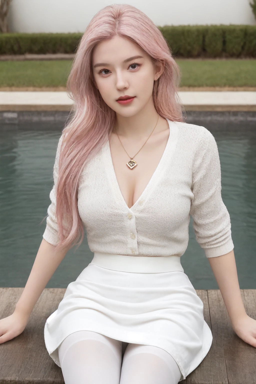1girl, cowboy shot, sitting , white pantyhose, cleavage, pink hair, necklace, white pencil skirt, , undressing, wet shirt,
<lora:Sona_v1-000005:0.69>