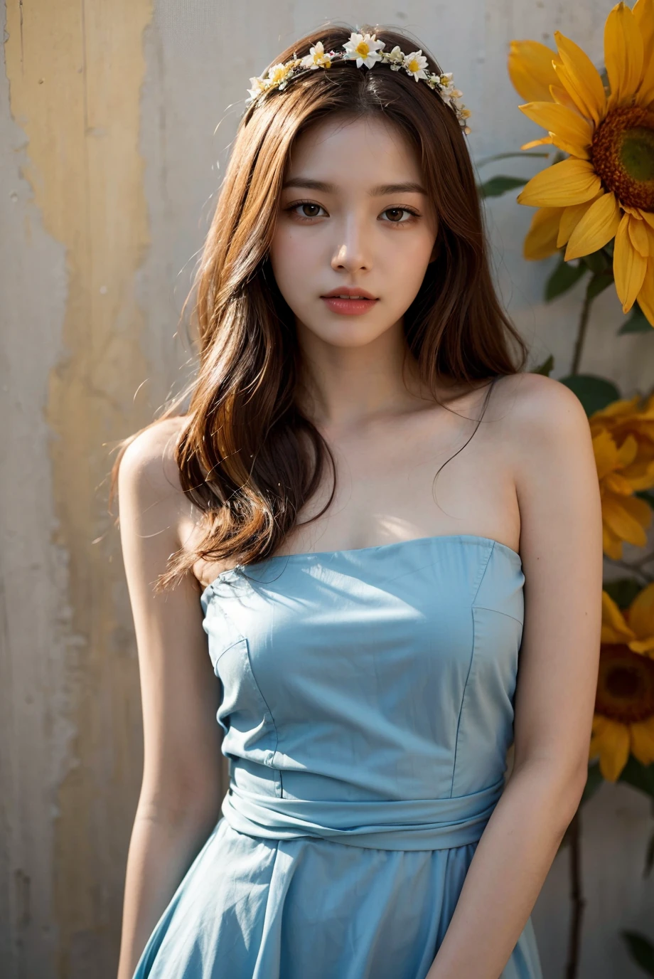 (best quality), (realistic, photo-realistic:1.3), (masterpiece:1.3), CG, unity, 8k, amazing, finely detail, ultra-detailed, highres, absurdres
, (1 girls), solo, cute, sexy body,young, (looking at viewers), (closed mouth:1.2),(medium breasts), abstract, extremely delicate and beautiful, extremely detailed, beautiful detailed girl, best shadow, extremely detailed eyes and face, beautiful detailed nose, beautiful detailed hand, beautiful delicate glossy lips:0.8, (glossy face and body skin), ((oily body skin)), ((blonde)), (soft light),dress,full body,flower,((blue dress)), ((full of flower)),((yellow wall)),((wall is full of red flowers)),black hair, long hair, bare shoulders, hairband, tiara, gown,long dress