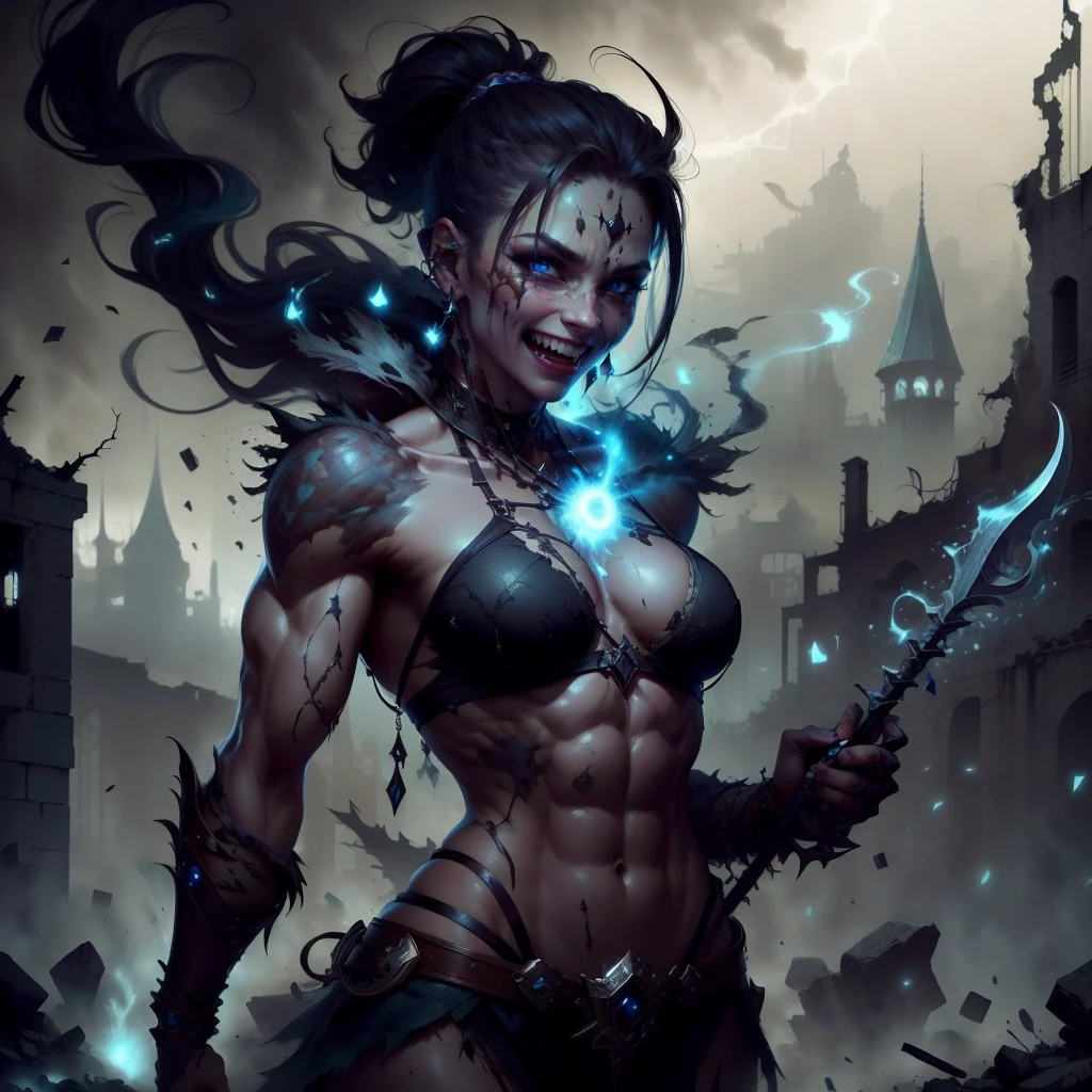 <lora:EntropyMagic-20:0.8>,entropymagic , magical energy fantasy, dissolving, decay, upper body, fangs,
female,barbarian, abs, holding spear ,enchanted spear , two-handed, scar on face, grin, (warrior:1.1) , muscular female, bra