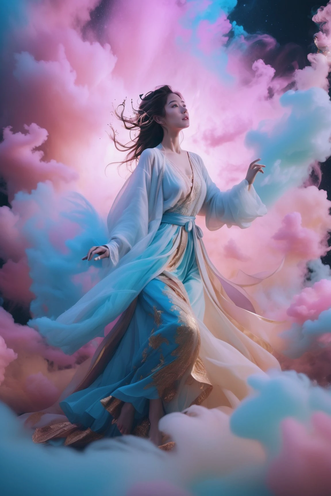 cinematic photo A full body portrait of a levitating beautiful girl surrounded by a whirlwind of cyan and pink light clouds,gold and white dress,volumetric lighting . 35mm photograph, film, bokeh, professional, 4k, highly detailed