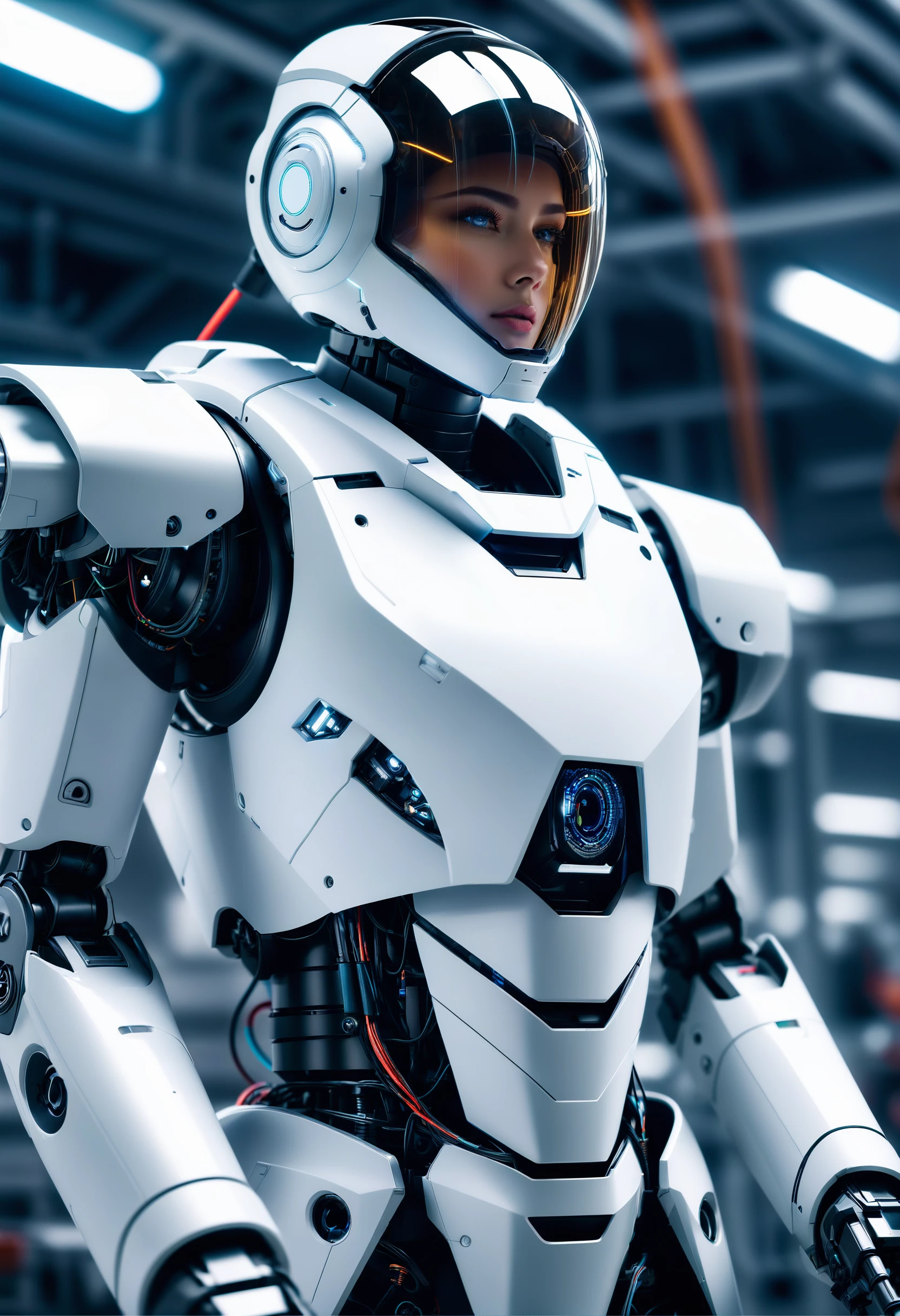 glamour shot from a low angle capturing a highly detailed robot soldier, hydraulics, wires, in a white robot factory, masterpiece, best quality, photograph, dreamlike, face focus, intricate details, sharp focus, photography, photorealism, photorealistic, 8k, soft focus, volumetric light, (****), (intricate details), (hyperdetailed), 8k hdr, high detailed, lot of details, high quality, soft cinematic light, dramatic atmosphere, atmospheric perspective, (utopia sci-fi fantasy),