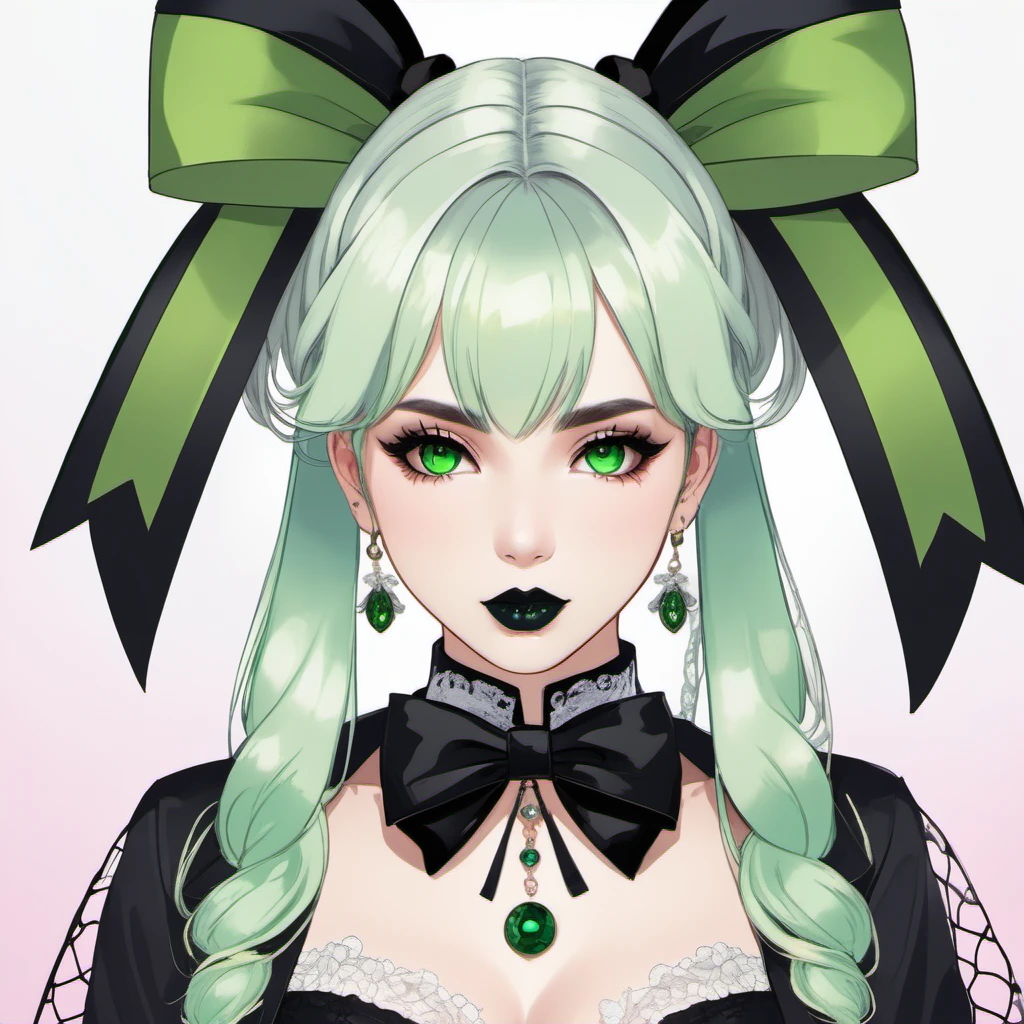 masterpiece, best quality, 1girl, solo, long hair, twin tails, hair buns, multicolored hair,two-tone hair, white hair, green hair, black hair,bangs, makeup, black lips, lipstick, mascara, eyeshadow, cross necklace, hair bow, front bow, lace jacket, lace gloves, fishnets, black leggings, gothic attire, dynamic angle, side lighting, shiny skin, detailed eyes, detailed face,