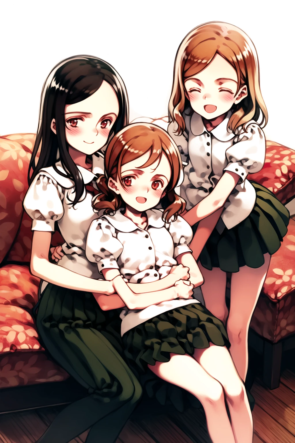 ((masterpiece, high quality, best quality)),
3girls, brown hair, skirt, sitting, pantyhose, smile, long hair, red eyes, closed eyes, v arms, wavy hair, shirt, puffy sleeves, short sleeves, couch, white shirt, blush, hug, open mouth, short hair, siblings, :d, brown eyes, own hands together, pillow, puffy short sleeves, black skirt, sisters, looking at viewer, miniskirt, pleated skirt, bangs, parted bangs, hug from behind,
<lora:ooyari-style_v1.0:1.0>