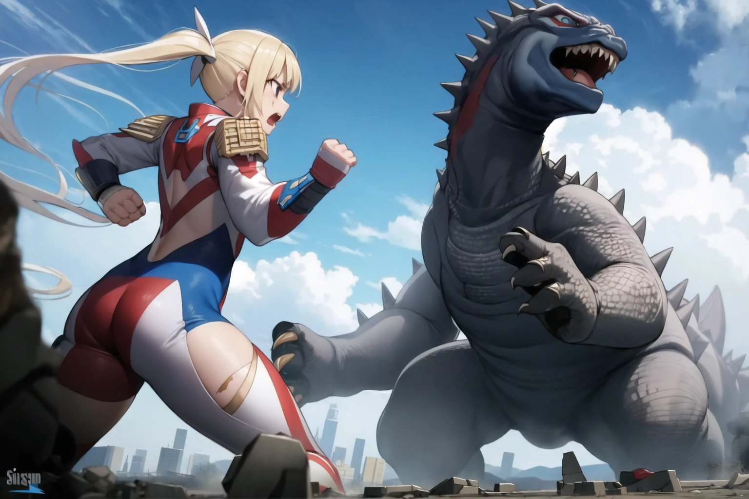 extremely detailed CG unreal engine 8k, best quality, 1girl, from side, beautiful detailed 1 young girl, (Ultragirl:1.0), ultraman bodysuit, full body, (angry face :1.2), twintail, fighting stance, Godzilla (attacking :1.2), (battle with monster, combat with monster, fighting), detailed (ruined buildings) behind, outside, ((dynamic), detailed fingers, detailed hands, detailed face), all intricate, (Rampage :1.0)
<lora:Ultragirl_LoRA-Civ-000004:1> <lora:GTSv5:0.8>