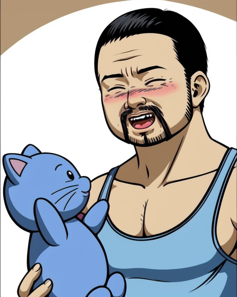 masterpiece,  <lora:girl_and_tulpa_v1:0.7>, solo, blush, smile, short hair, open mouth, simple background, black hair, 1boy, ribbon, closed eyes, upper body, comic, male focus, dark skin, muscular, facial hair, scar, stuffed toy, stuffed animal, tank top, beard, mustache, stubble, white tank top, blue cat